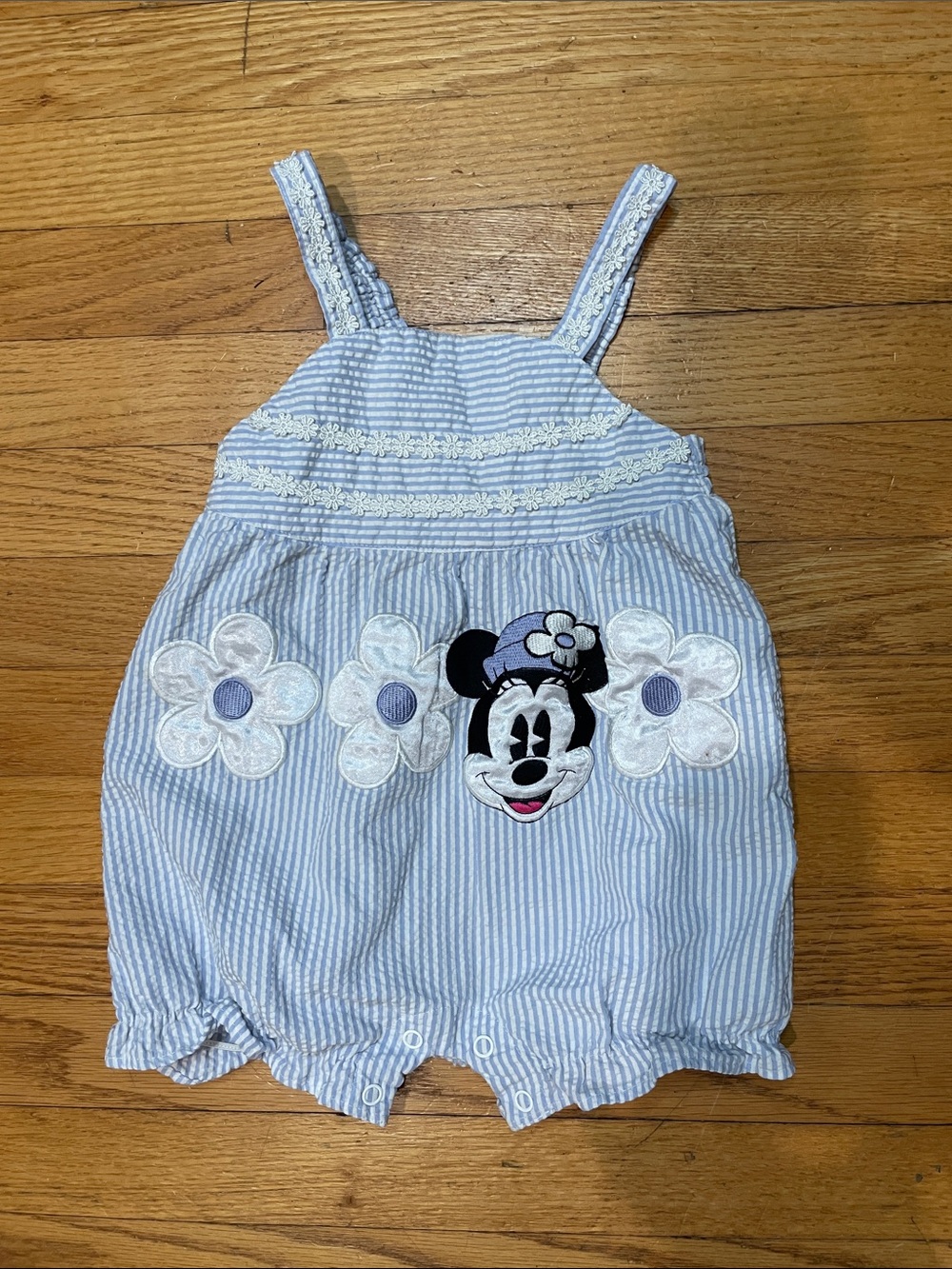 Vintage 2000s Seersucker MICKEY & CO baby romper Minnie Mouse & flower 24 month